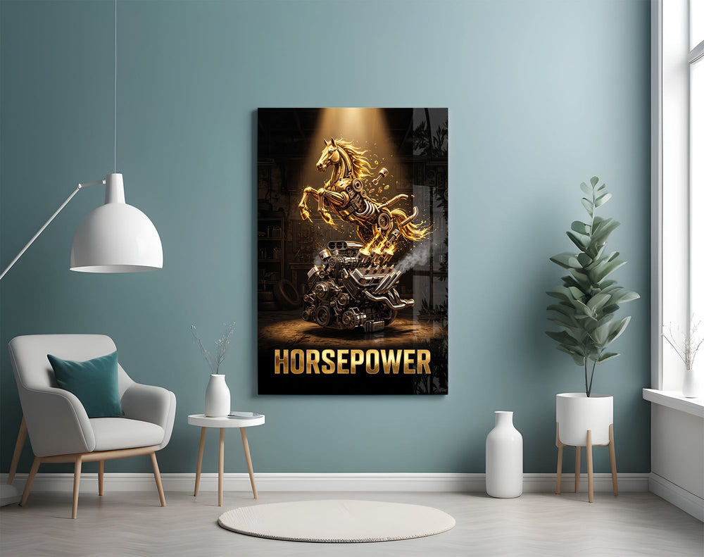 Horsepower Golden Engine Horse Glass Wall Art