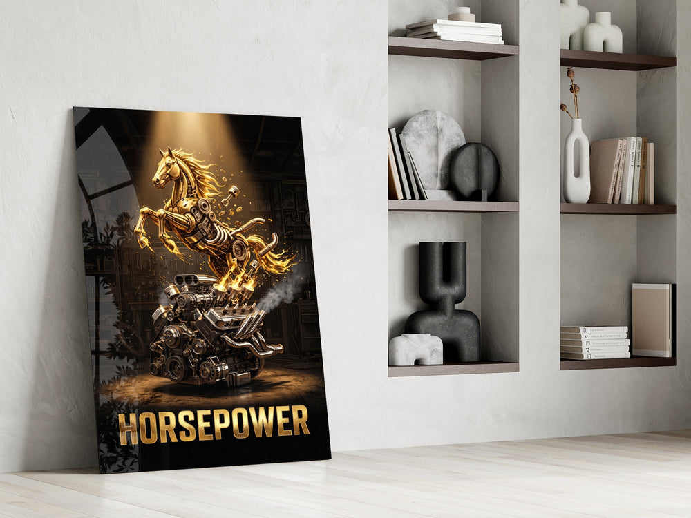 Horsepower Golden Engine Horse Glass Wall Art