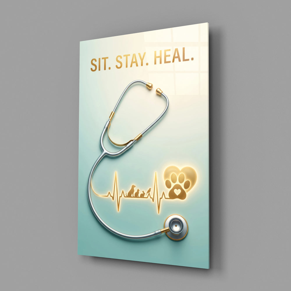 Sit Stay Heal Veterinary Stethoscope Glass Wall Art