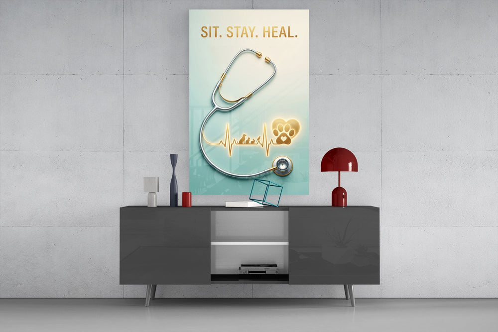 Sit Stay Heal Veterinary Stethoscope Glass Wall Art