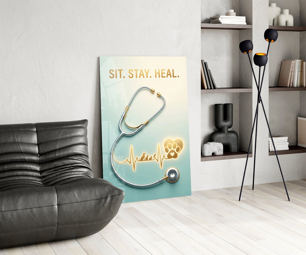 Sit Stay Heal Veterinary Stethoscope Glass Wall Art