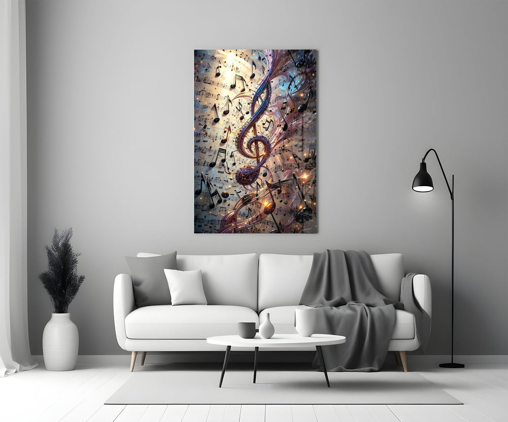 Luminous Treble Clef Music Notes Glass Wall Art