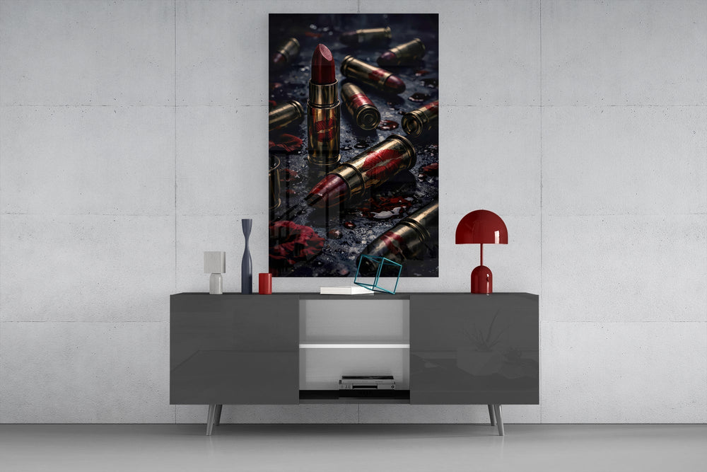 Lipstick and Bullets Red Kiss Glass Wall Art