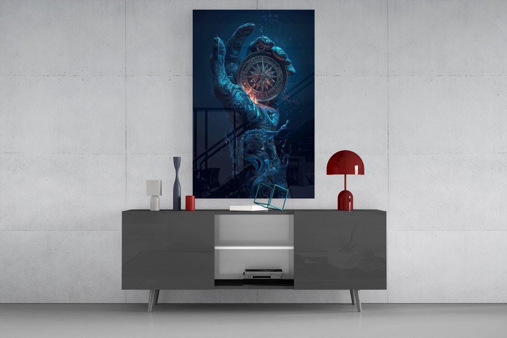 Liquid Water Hand Ornate Compass Glass Wall Art