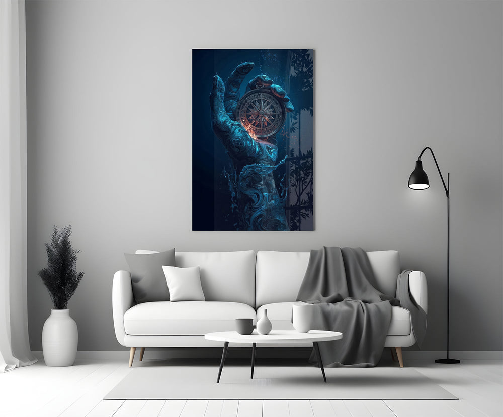 Liquid Water Hand Ornate Compass Glass Wall Art