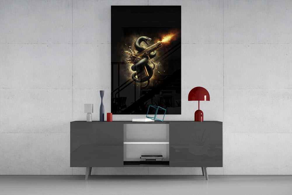Golden Pistol and Black Serpent Glass Wall Art