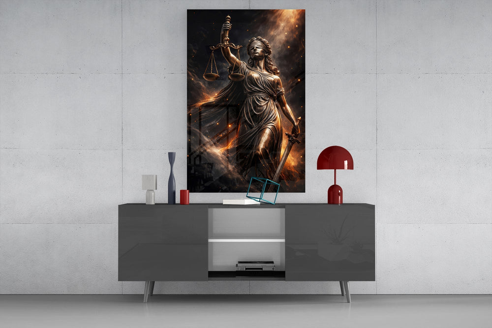 Lady Justice Bronze Scales Ember Glass Wall Art