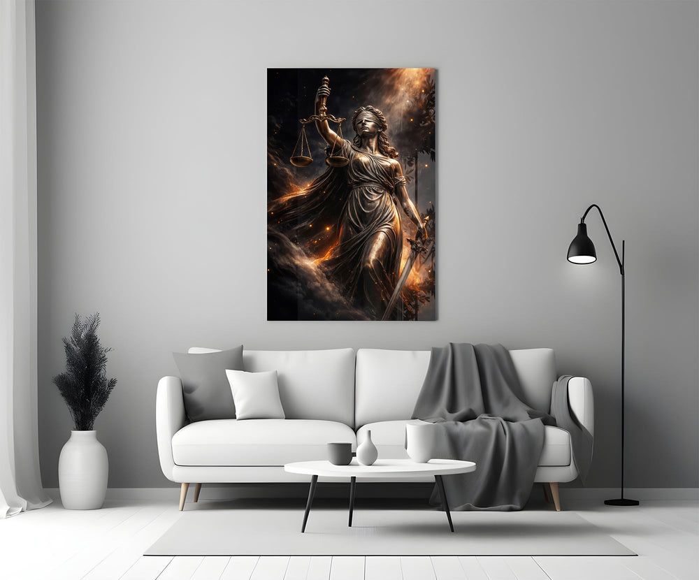 Lady Justice Bronze Scales Ember Glass Wall Art