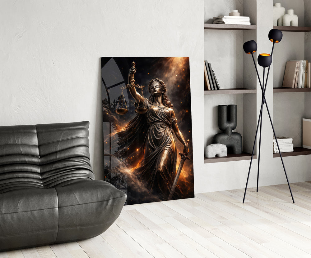 Lady Justice Bronze Scales Ember Glass Wall Art