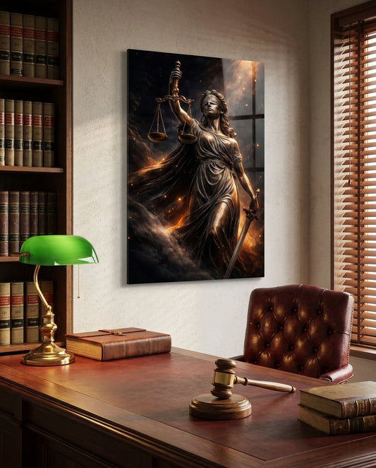 Lady Justice Bronze Scales Ember Glass Wall Art