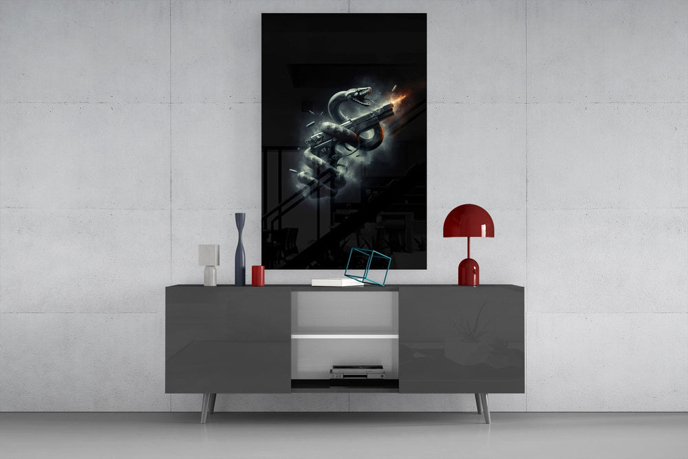 Serpent Coiled Firing Pistol Dark Glass Wall Art