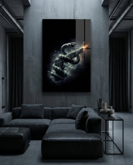 Serpent Coiled Firing Pistol Dark Glass Wall Art