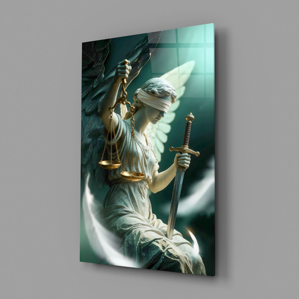 Winged Blindfolded Lady Justice Glass Wall Art