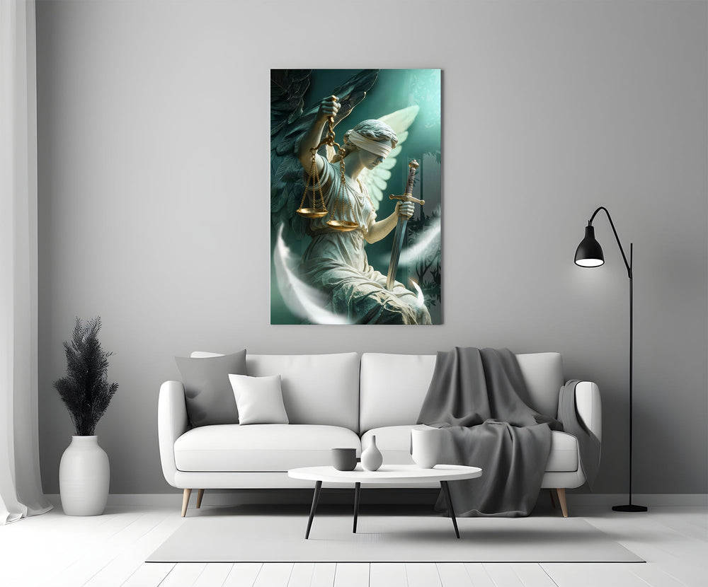 Winged Blindfolded Lady Justice Glass Wall Art