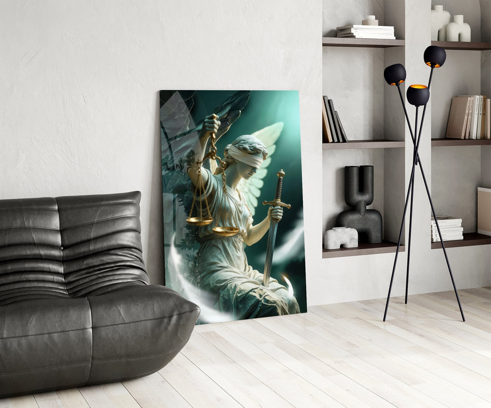 Winged Blindfolded Lady Justice Glass Wall Art