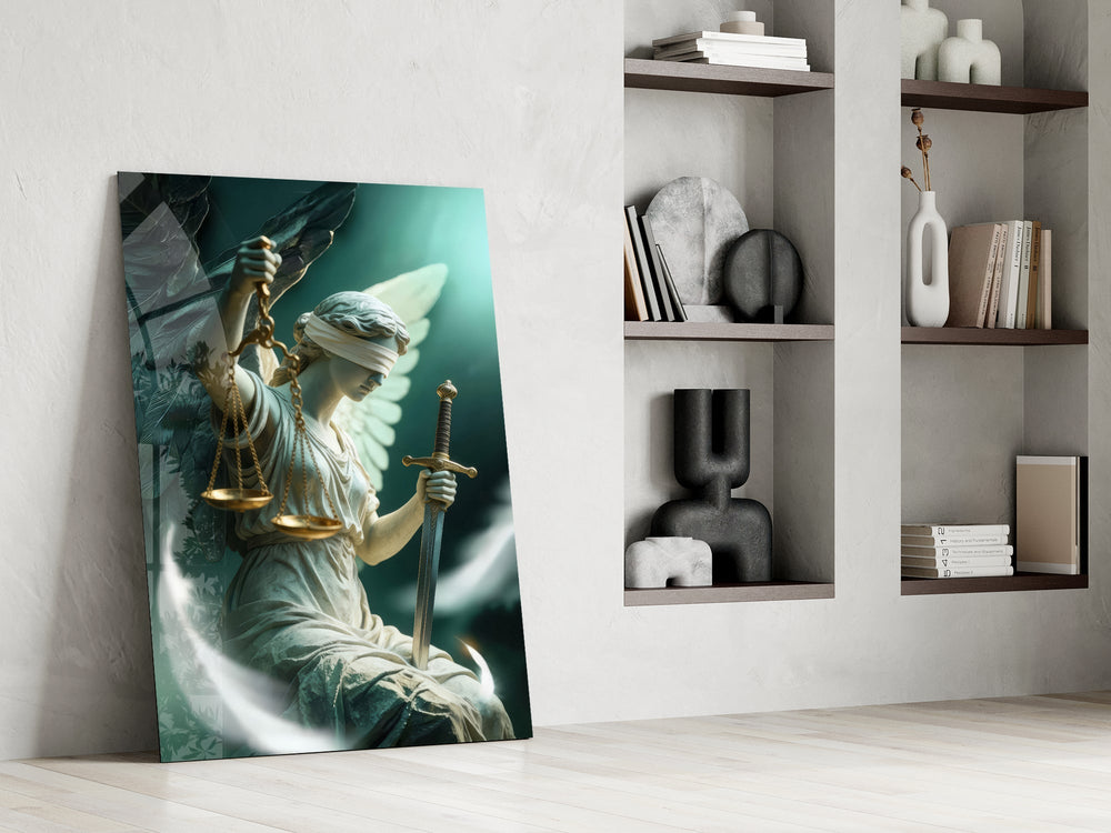 Winged Blindfolded Lady Justice Glass Wall Art