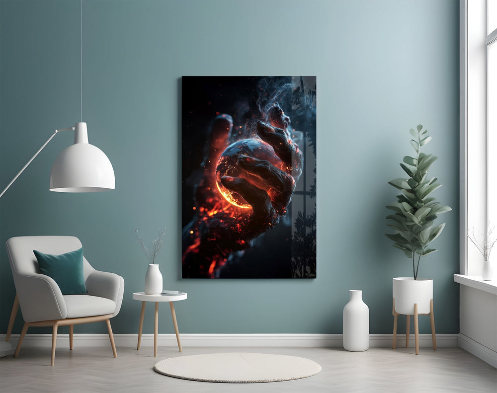 Molten Ember Hand Cradling Planet Glass Wall Art