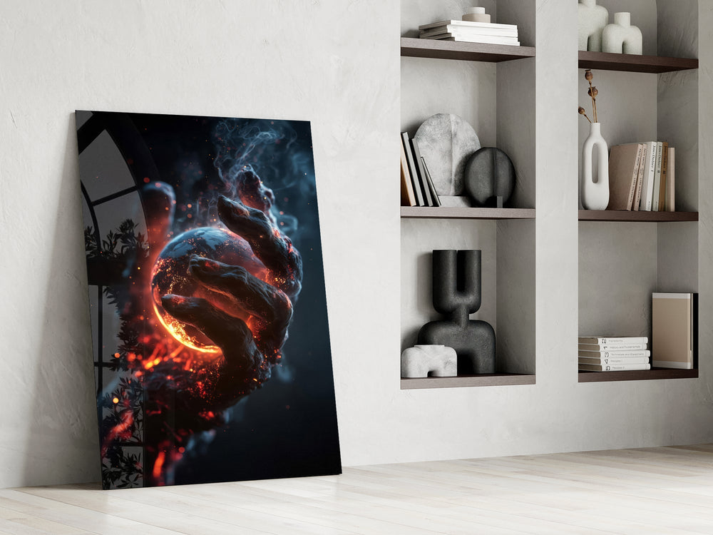 Molten Ember Hand Cradling Planet Glass Wall Art