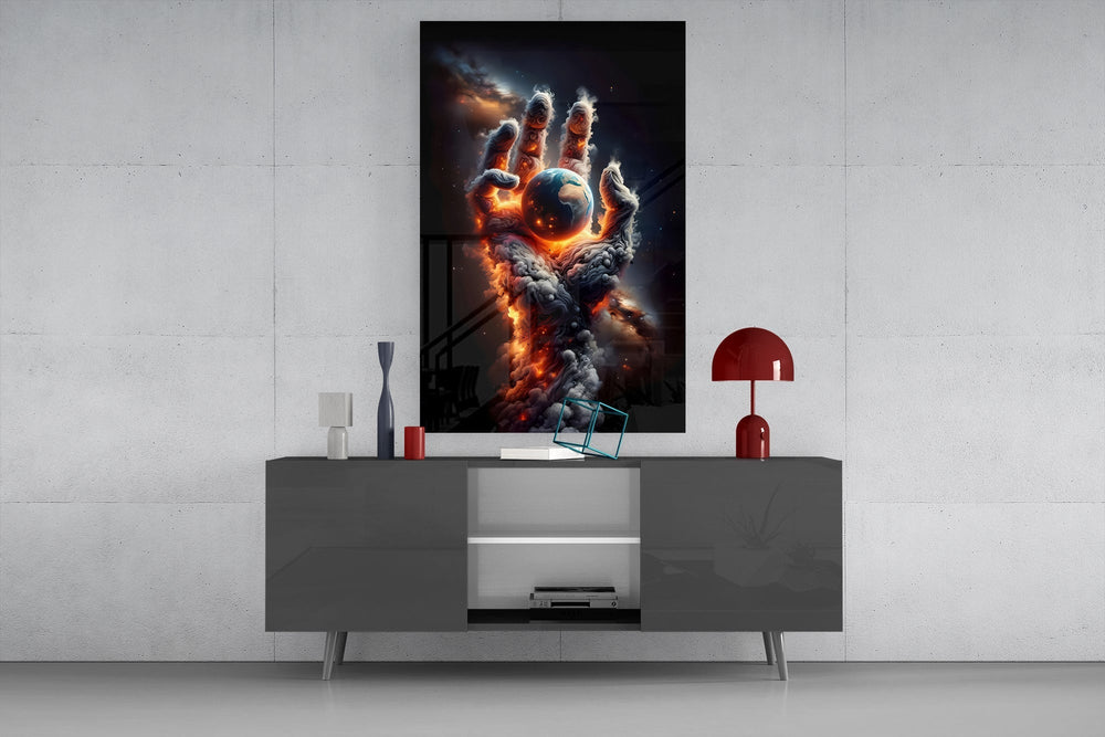 Smoke Cloud Hand Reaching for Earth Glass Wall Art