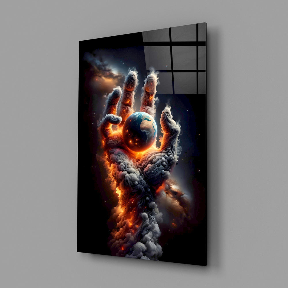 Smoke Cloud Hand Reaching for Earth Glass Wall Art