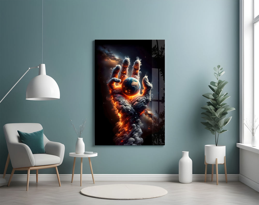 Smoke Cloud Hand Reaching for Earth Glass Wall Art
