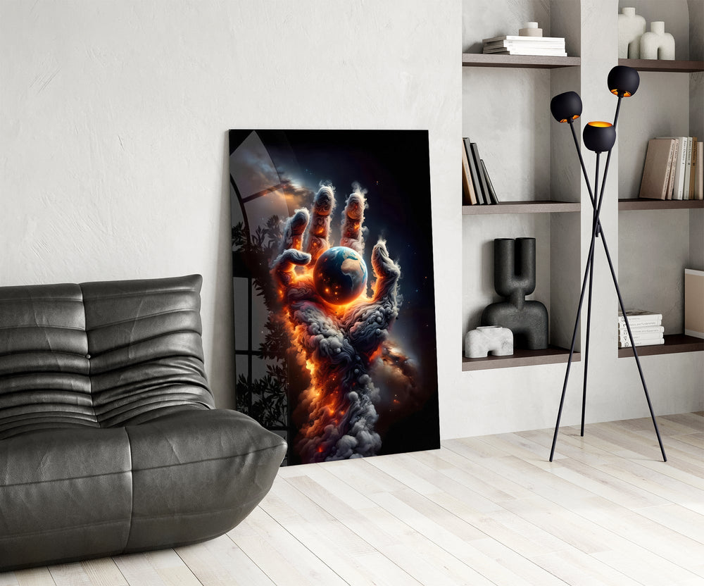 Smoke Cloud Hand Reaching for Earth Glass Wall Art
