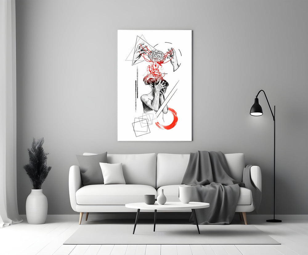 Overthinking Red Thread Brain Sketch Glass Wall Art