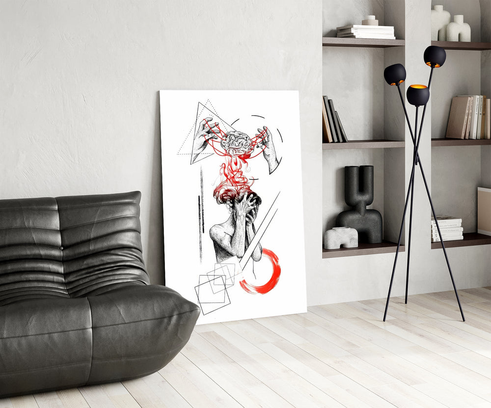 Overthinking Red Thread Brain Sketch Glass Wall Art
