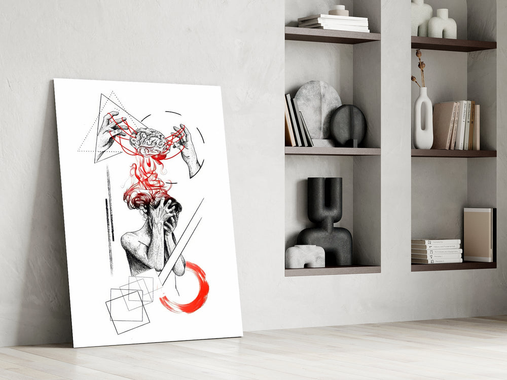 Overthinking Red Thread Brain Sketch Glass Wall Art