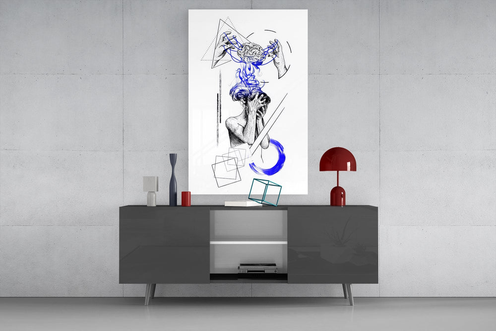Overthinking Blue Thread Brain Sketch Glass Wall Art