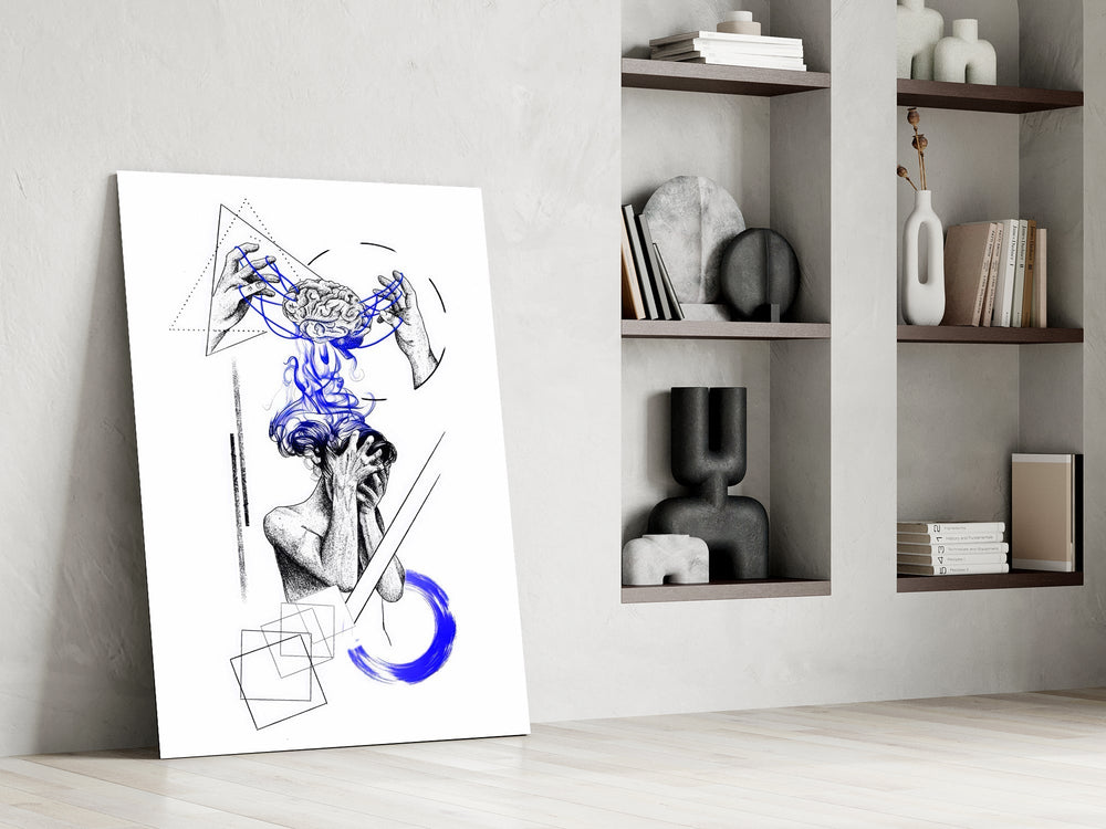 Overthinking Blue Thread Brain Sketch Glass Wall Art