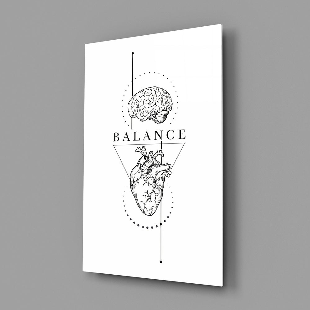 Balance Brain Over Heart White Line Art Glass Wall Art