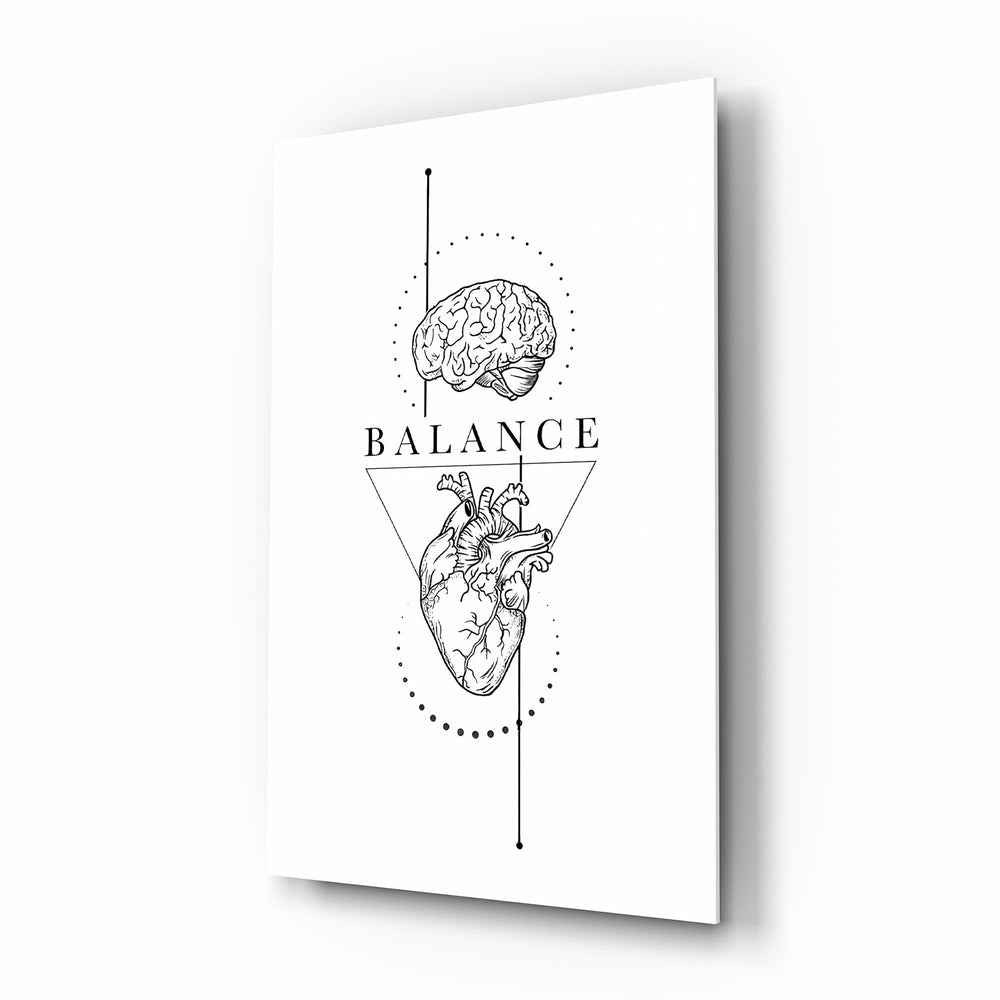 Balance Brain Over Heart White Line Art Glass Wall Art