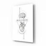 Balance Brain Over Heart White Line Art Glass Wall Art