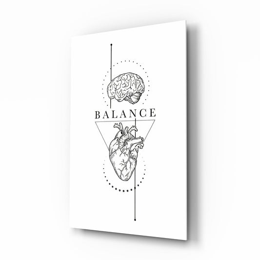 Balance Brain Over Heart White Line Art Glass Wall Art