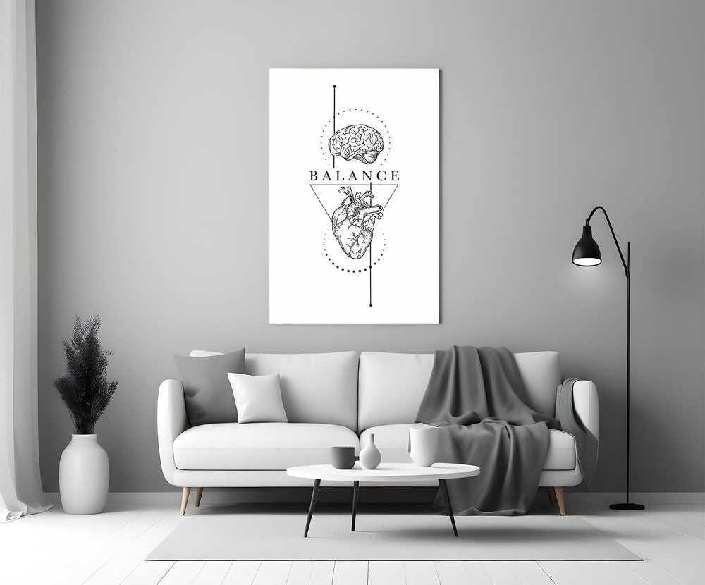 Balance Brain Over Heart White Line Art Glass Wall Art