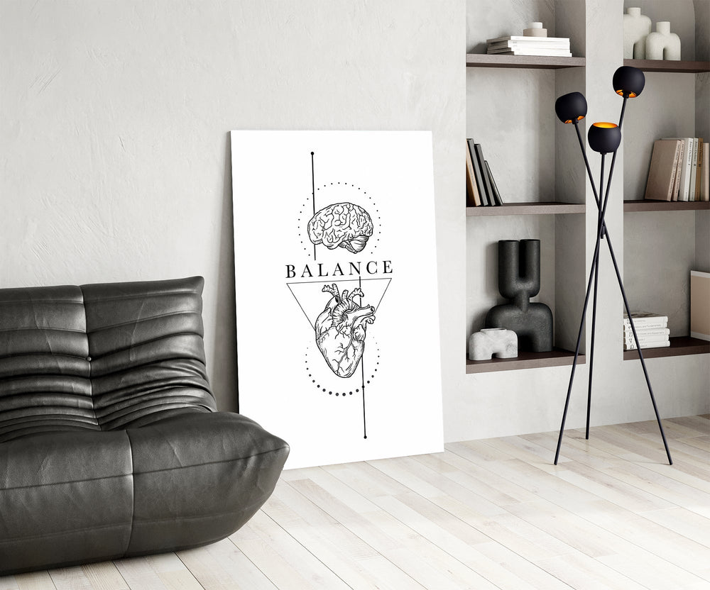 Balance Brain Over Heart White Line Art Glass Wall Art