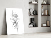 Balance Brain Over Heart White Line Art Glass Wall Art