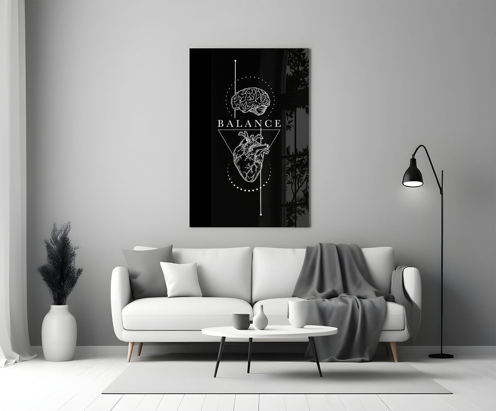 Balance Brain Over Heart Black Line Art Glass Wall Art