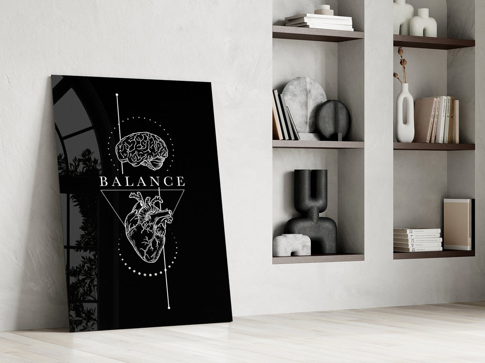 Balance Brain Over Heart Black Line Art Glass Wall Art