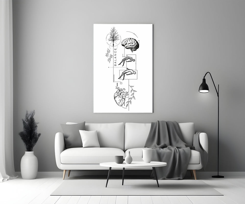 Balance Brain Heart Tree and Divers Glass Wall Art