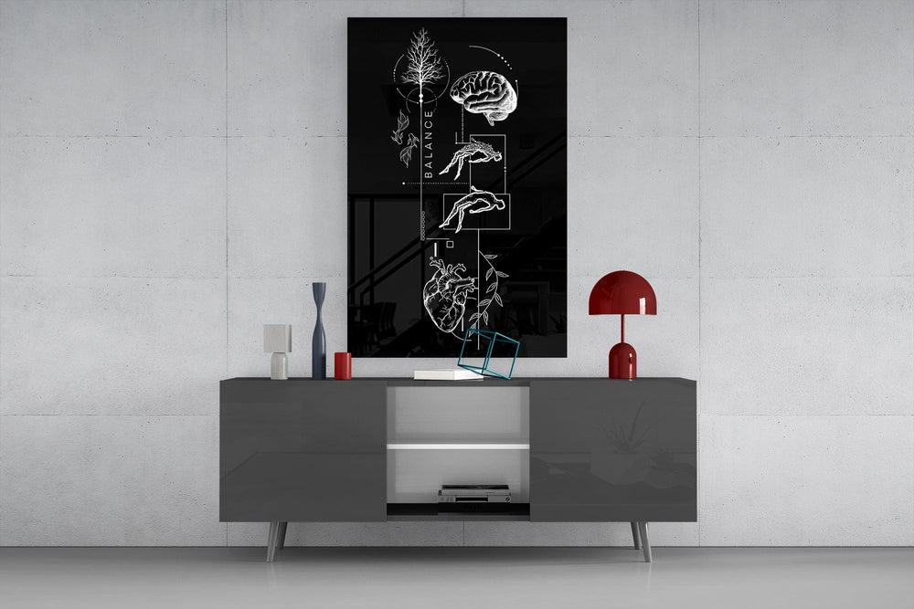 Balance Brain and Heart Line Art Glass Wall Art