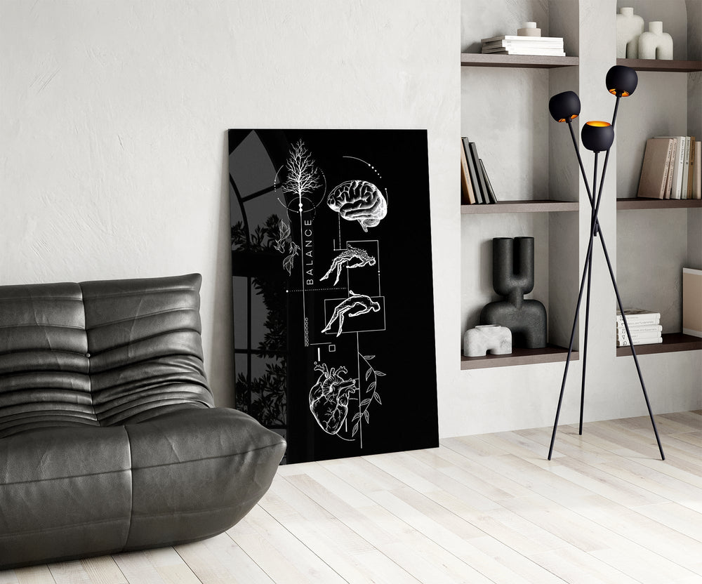 Balance Brain and Heart Line Art Glass Wall Art