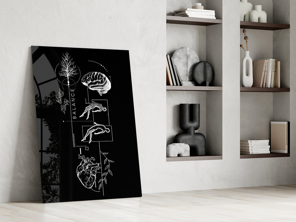 Balance Brain and Heart Line Art Glass Wall Art