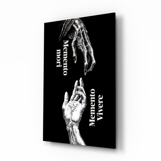 Skeletal and Living Hands Memento Mori Glass Wall Art