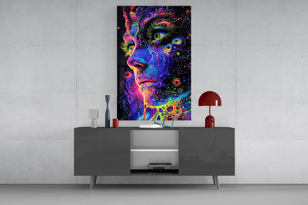 Neon Dot Psychedelic Woman Face Glass Wall Art