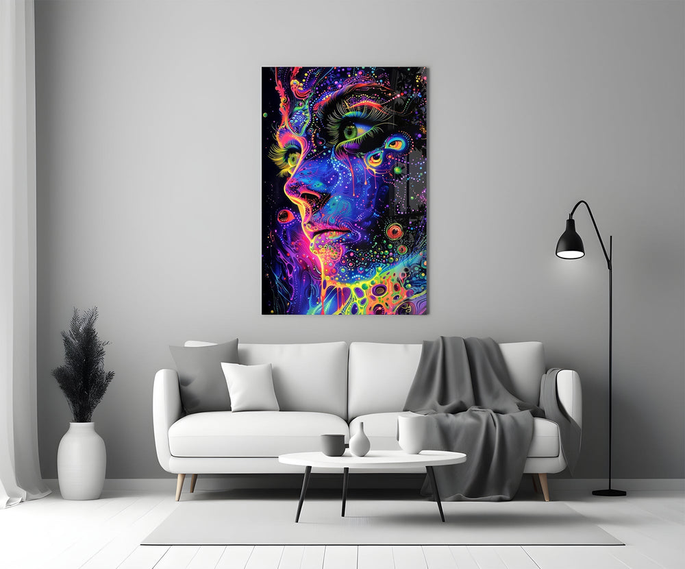 Neon Dot Psychedelic Woman Face Glass Wall Art