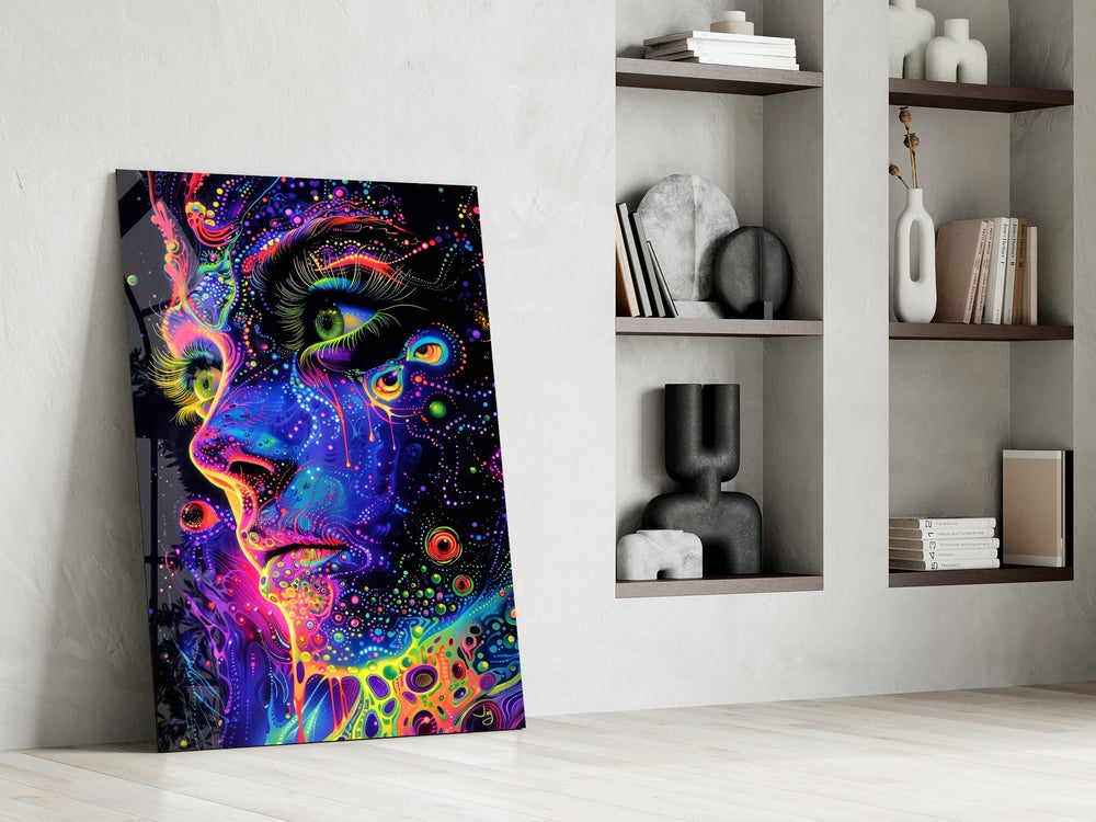 Neon Dot Psychedelic Woman Face Glass Wall Art