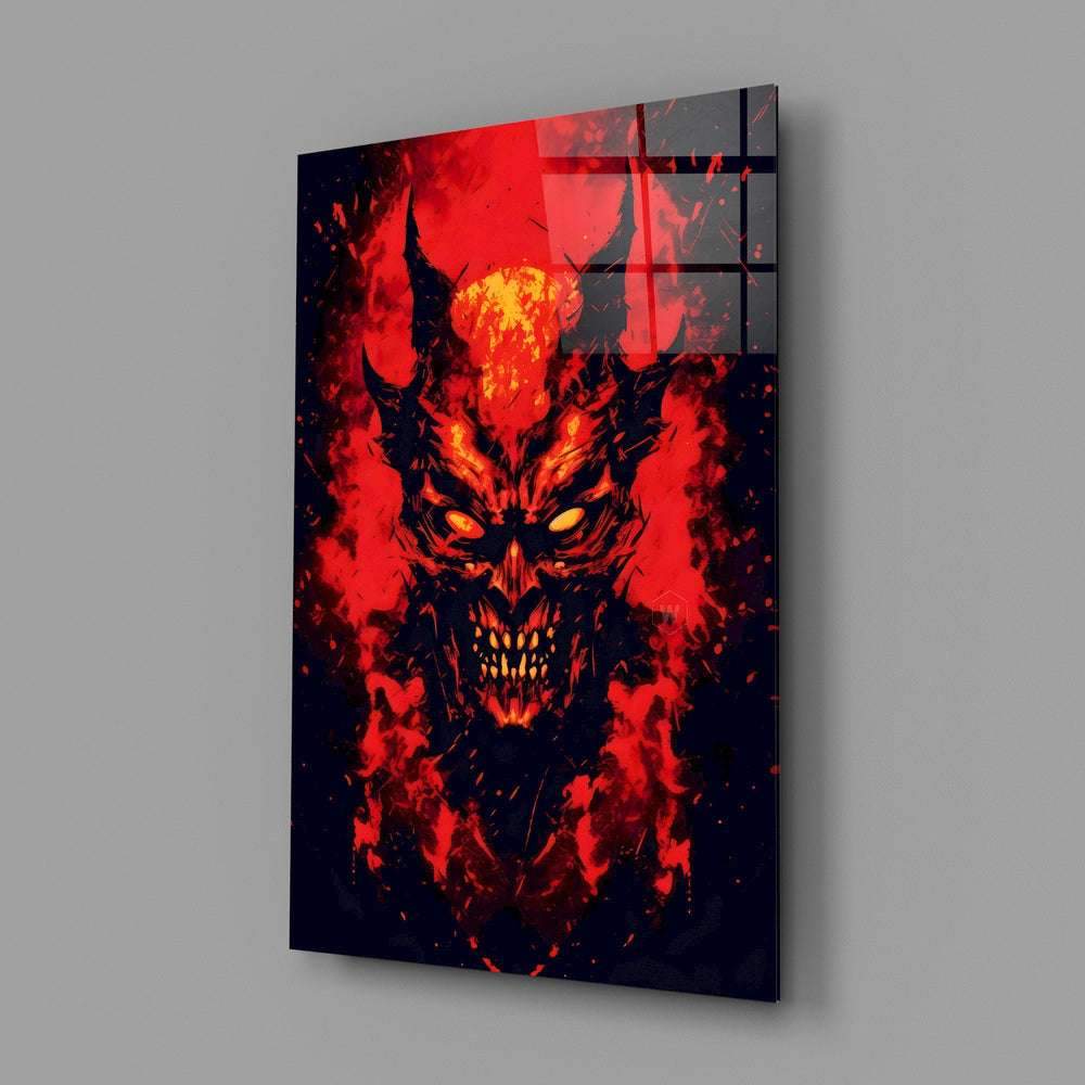 Burning Red Horned Demon Face Glass Wall Art