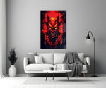 Burning Red Horned Demon Face Glass Wall Art